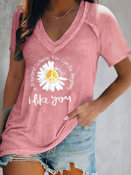 

Floral Letter Printed Loosen Casual V Neck Short Sleeve Tunic T-Shirt, Pink, T-Shirts