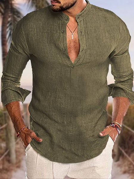 

Cotton Linen Plain Color Casual Long Sleeve Shirt Men, Army green, Shirt