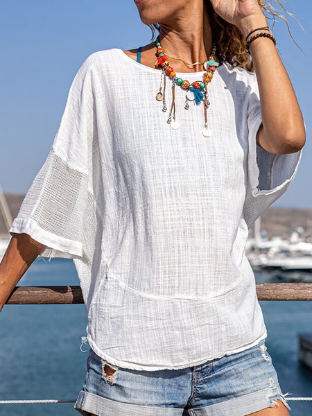 

Flare Sleeve Mesh Crew Neck Casual Long Sleeve Tops, White, Tops