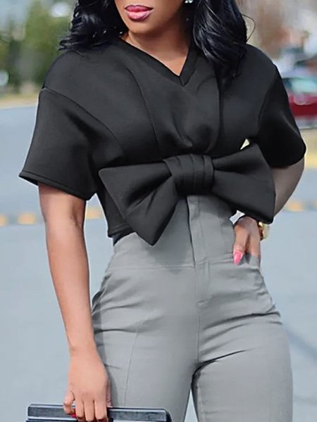 

Spring V neck Regular Fit Short Sleeve Slightly stretchy Tops, Black, Tops