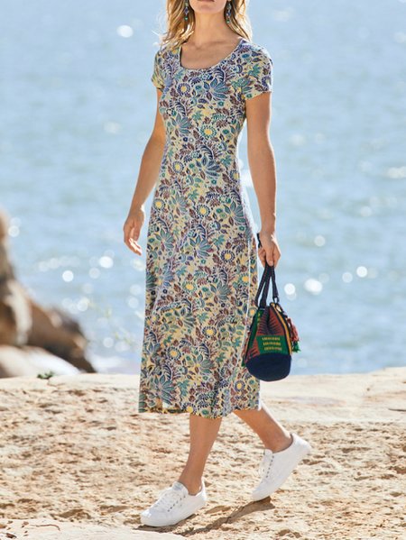 

Regular Fit Floral Short Sleeve Knit Dress, Light purple, Midi Dresses