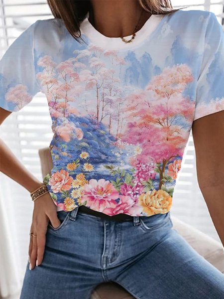 

Casual Landscape Print Short Sleeve T-Shirt, Blue, T-Shirts