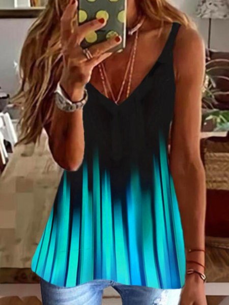 

Casual Sleeveless V Neck Plus Size Printed Tank Top Vests, Blue, Tank Top