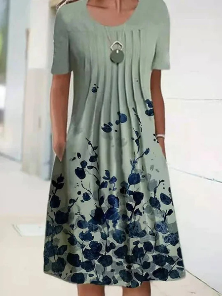

Casual loosen leaves crew neck Short Sleeve Knee Dress, Green, Midi Dresses