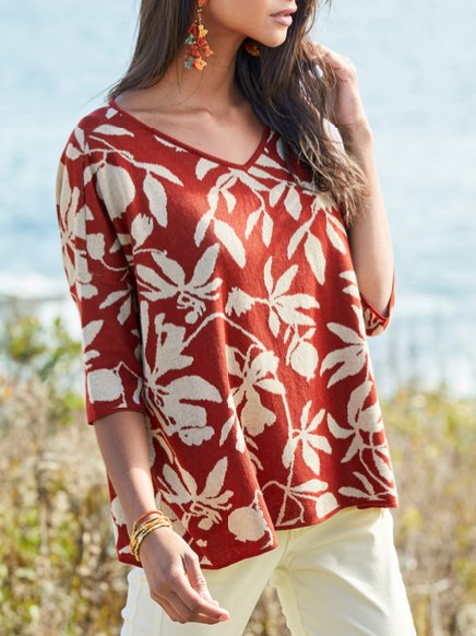 

Casual Floral V Neck Half Sleeve Tops, Brick red, Long sleeve tops