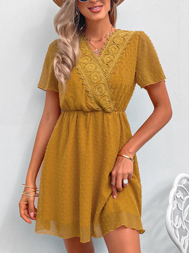 

Polka Dots V neck Casual Short Sleeve women A-line Dress, Yellow, Dresses