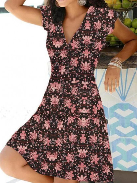 

Boho V Neck Floral Short Sleeve Knit Dress, Black, Mini Dresses