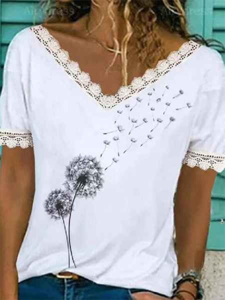 

Dandelion Lace V Neck Short Sleeve Casual T-Shirt, White, T-Shirts