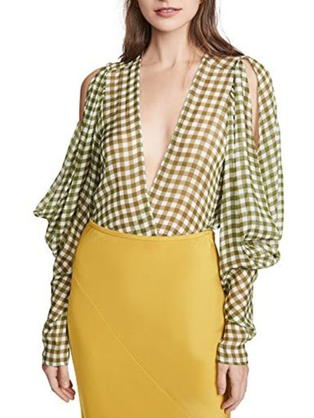 

Ruffle Sleeve Elegant V Neck Long Sleeve Top, White-green, Tops
