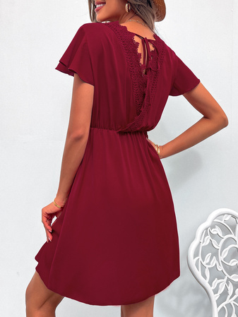 

V neck Lace Short Sleeve women Plain A-line Dress, Wine red, Dresses
