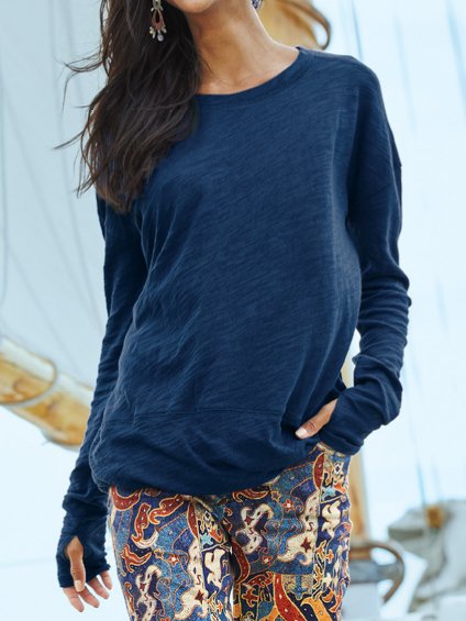 

Crew Neck Cotton Blends Long Sleeve Tops, Navyblue, Long sleeve tops