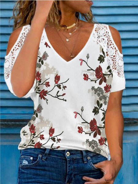 

V Neck Casual Short Sleeve T-Shirt, White, T-Shirts