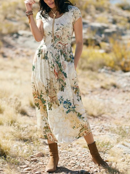 

Floral Regular Fit Vacation Short Sleeve Knit Dress, Apricot, Midi Dresses