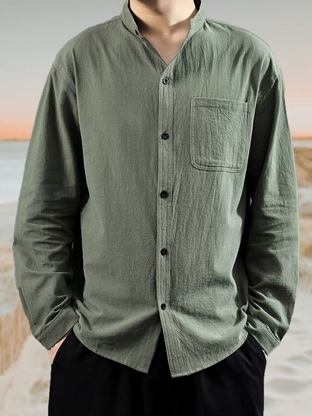 Cotton Linen Casual 3/4 Sleeve Shirt Men, Green, Shirt