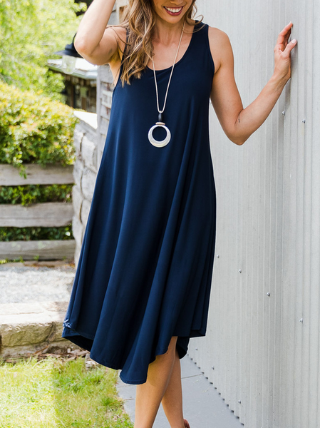 

Cotton Blends Crew Neck Plain Short Sleeve Knit Dress, Navyblue, Midi Dresses
