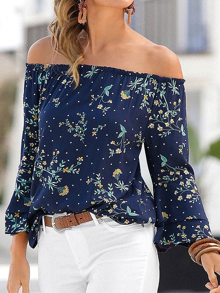 

Floral Vacation Boat Neck Long Sleeve Tops Blouse, Navyblue, Tops