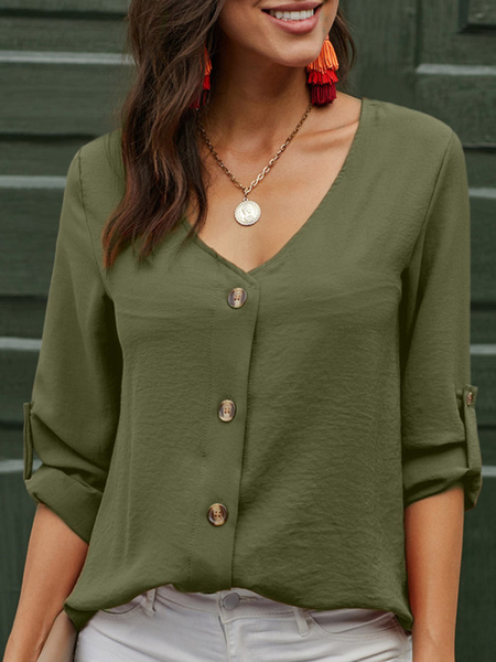 

Regular Fit Plain Cotton Blends Mid Sleeve Blouse, Green, Blouses & Shirts