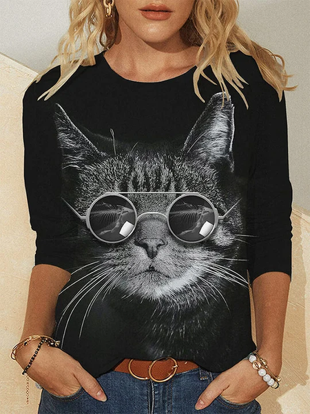 

Casual Crew Neck Loosen Long Sleeve T-Shirt, Black, Long sleeve tops