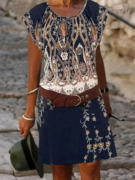 

Black Tribal Round Neck Cap Sleeve Casual Mini Short sleeve Knit Dress, Dresses