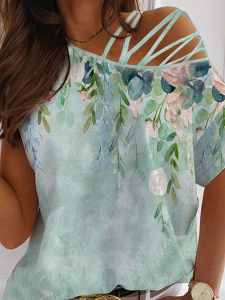 Asymmetrical Neck Casual Short Sleeve T-Shirt, Green, T-Shirts