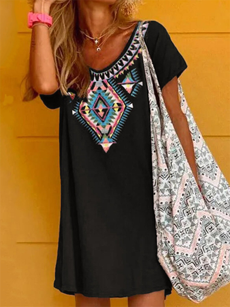

Casual Floral Short Sleeve Knit Dress, Black, Mini Dresses