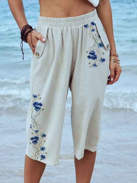 

Vintage Art Classic Floral Loosen women Pants, Off white, Shorts