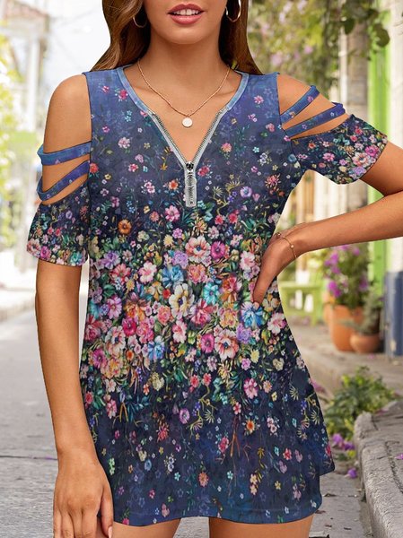 

Casual Floral Gradient Print Short Sleeve Top, As picture, Blouses