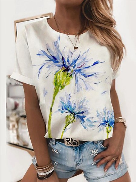 

Floral Romantic Loosen Short Sleeve T-Shirt, White, T-Shirts