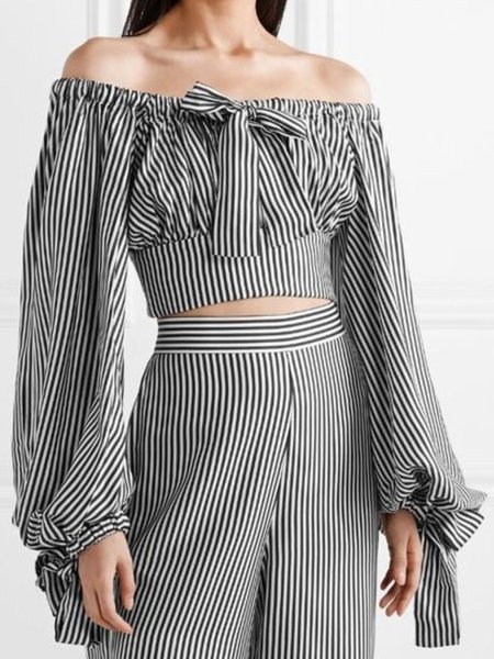 

Spring Elegant Striped Off The Shoulder Long Sleeve Lightweight Tops, Stripe, Tops