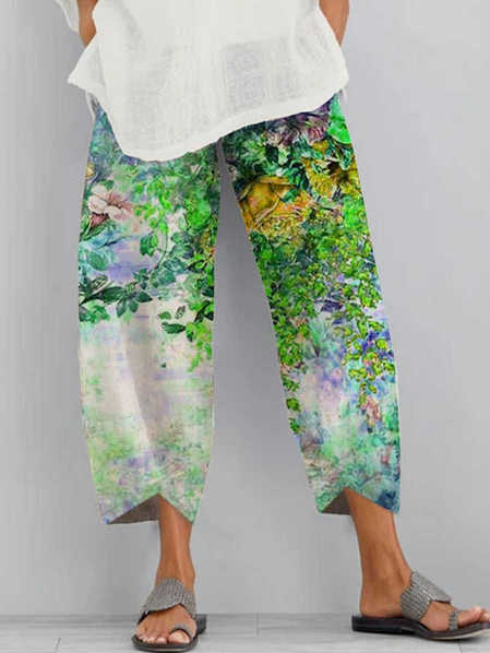 

Floral Cotton Blends Vacation Pants, Green, Pants