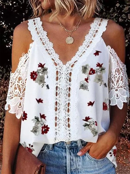 

Vacation V Neck Floral Short Sleeve Tops, White, T-Shirts