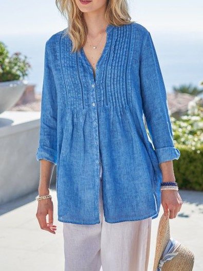 

Outdoor Vacation For Spring Outing Loosen Linen Notched Long Sleeve Blouse, Blue, Blouses & Shirts