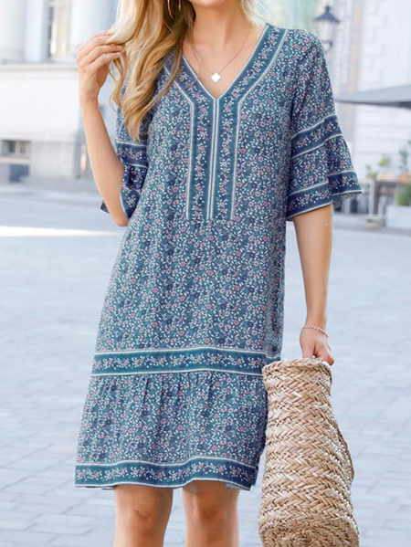 

Floral Short Sleeve Woven Dress, Blue, Mini Dresses