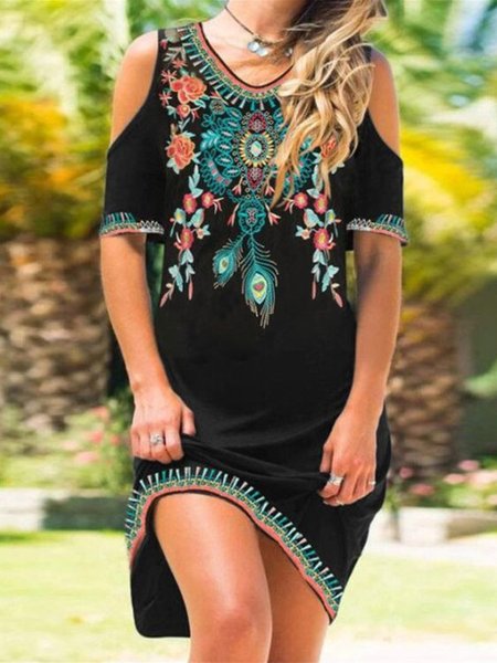 

Boho V Neck Loosen Short Sleeve Dress, Black, Mini Dresses