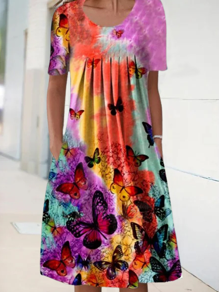 

Butterfly Cotton Blends Loosen Short Sleeve Knit Dress, Multicolor, Dresses
