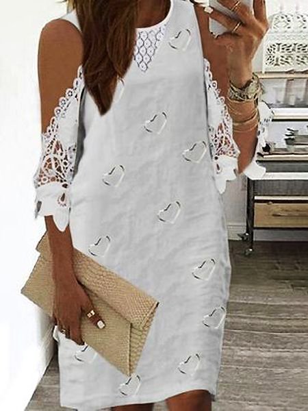 

Geometric Cotton Blends Casual Short Sleeve Woven Dress, White, Dresses