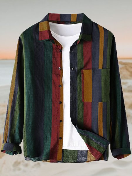 

Men's Cotton Linen Striped Long Sleeve Shirt, Red, Shirt