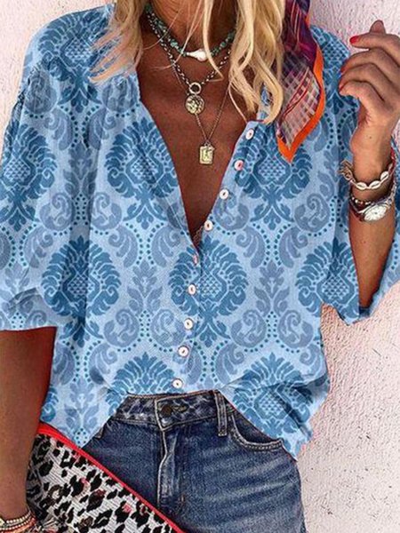 

Casual Buttoned Half Sleeve Mid Sleeve Blouse, Blue, Blouses & Shirts