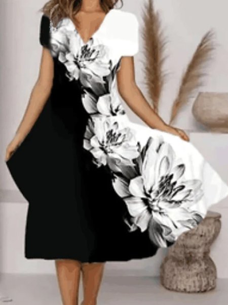 

Vacation Loosen Color Block Vacation V Neck Dresses, Black, Floral Dresses