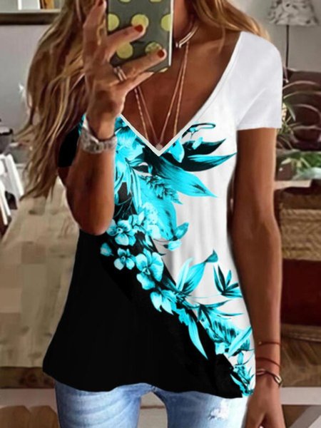 Casual Floral Short Sleeve V Neck Plus Size Printed Tops T-shirts, Blue, T-Shirts