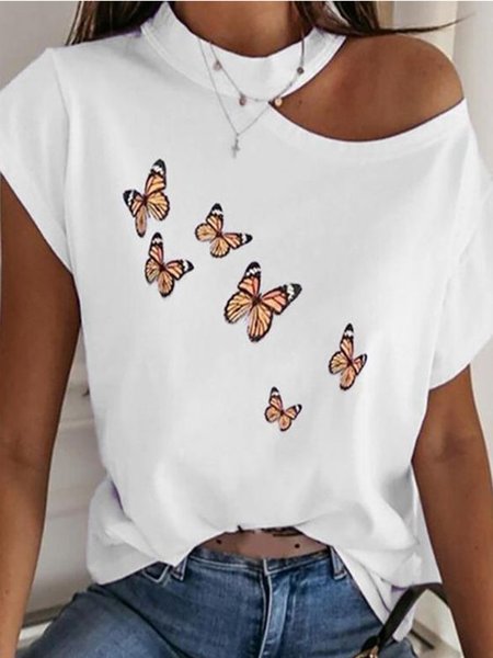 

Casual Halter Cotton Blends Short Sleeve Tops, White, T-Shirts