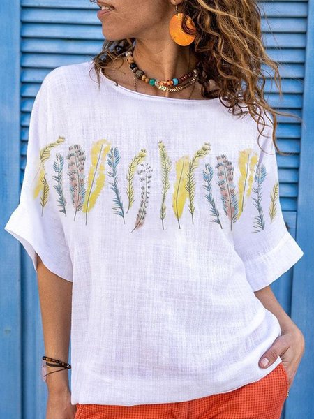 

Casual Feather Printed Cotton Loosen Short Sleeve Tops, White, Tops