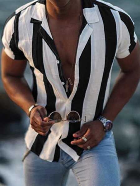 

Casual Style Striped Colorblock Men's Short Sleeve Shirt, Black, Men's Floral shirt