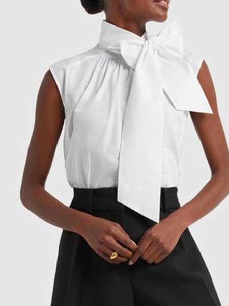 

Regular Fit Tie Neck Solid Short Sleeve Top, White, Tops