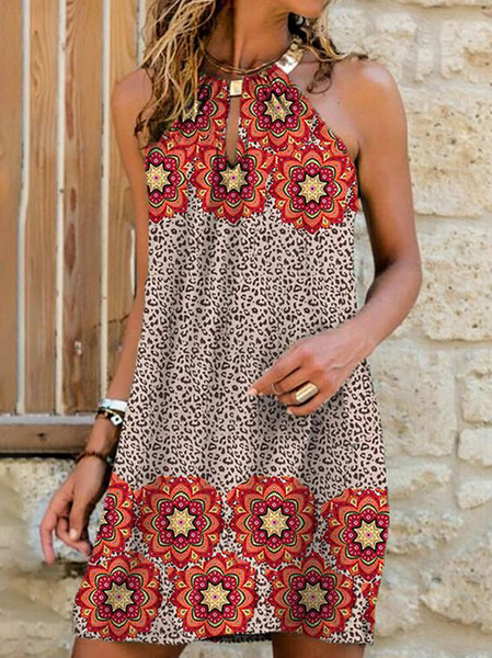 

Boho Tribal Loosen Short Sleeve Woven Dress, Red, Mini Dresses