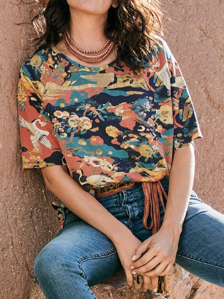 

Cotton Blends Crew Neck Casual Short Sleeve T-Shirt, Multicolor, T-Shirts