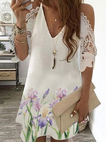 

Vacation floral V Neck Short Sleeve Woven Dress, Multicolor, Dresses