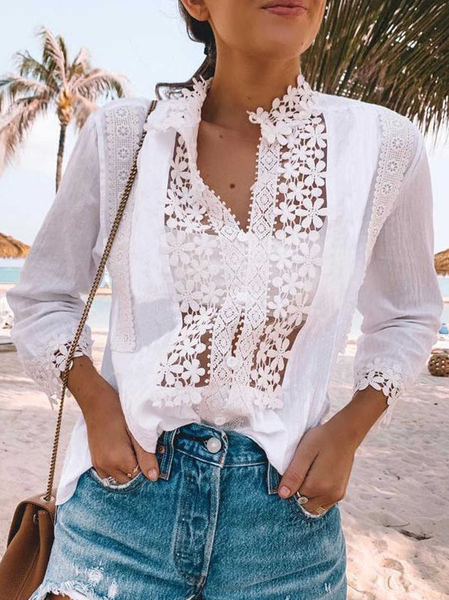 

Loosen Cotton Blends Plain Short Sleeve Tops, White, T-Shirts