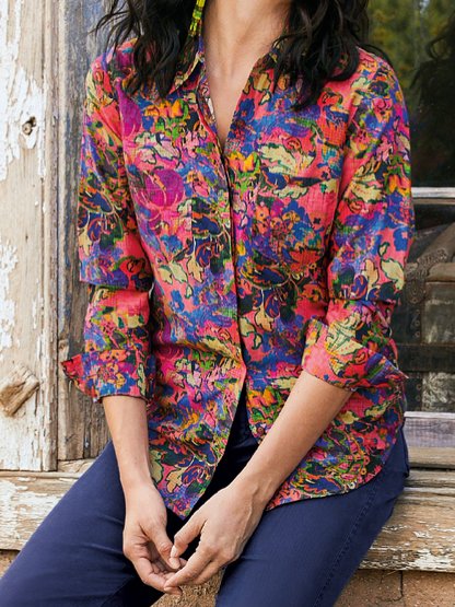 

Painted Shirt Collar Long Sleeve Blouse, Multicolor, Shirts & Blouses