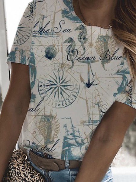 

Regular Fit Letter Casual Short Sleeve T-Shirt, Blue, T-Shirts